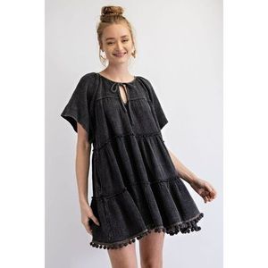 Easel Mineral Washed Cotton Gauze Dress in Black Ruffle Pom Pom -Size Small